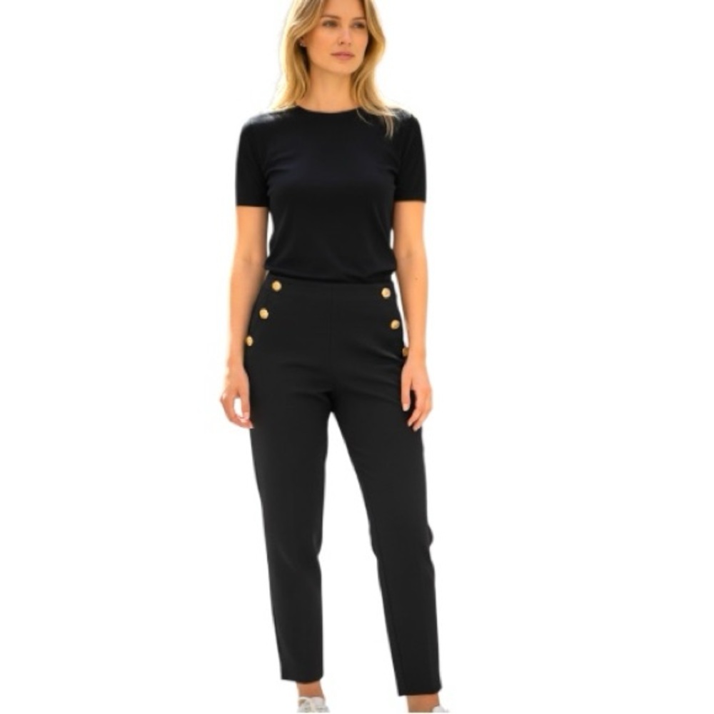 Zara Black Sailor Pants High Rise Sz L Gold Button Classic Trousers